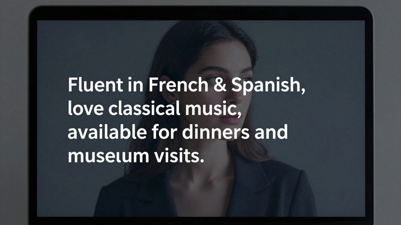 A text-only companion profile on a dark laptop screen, no images shown.