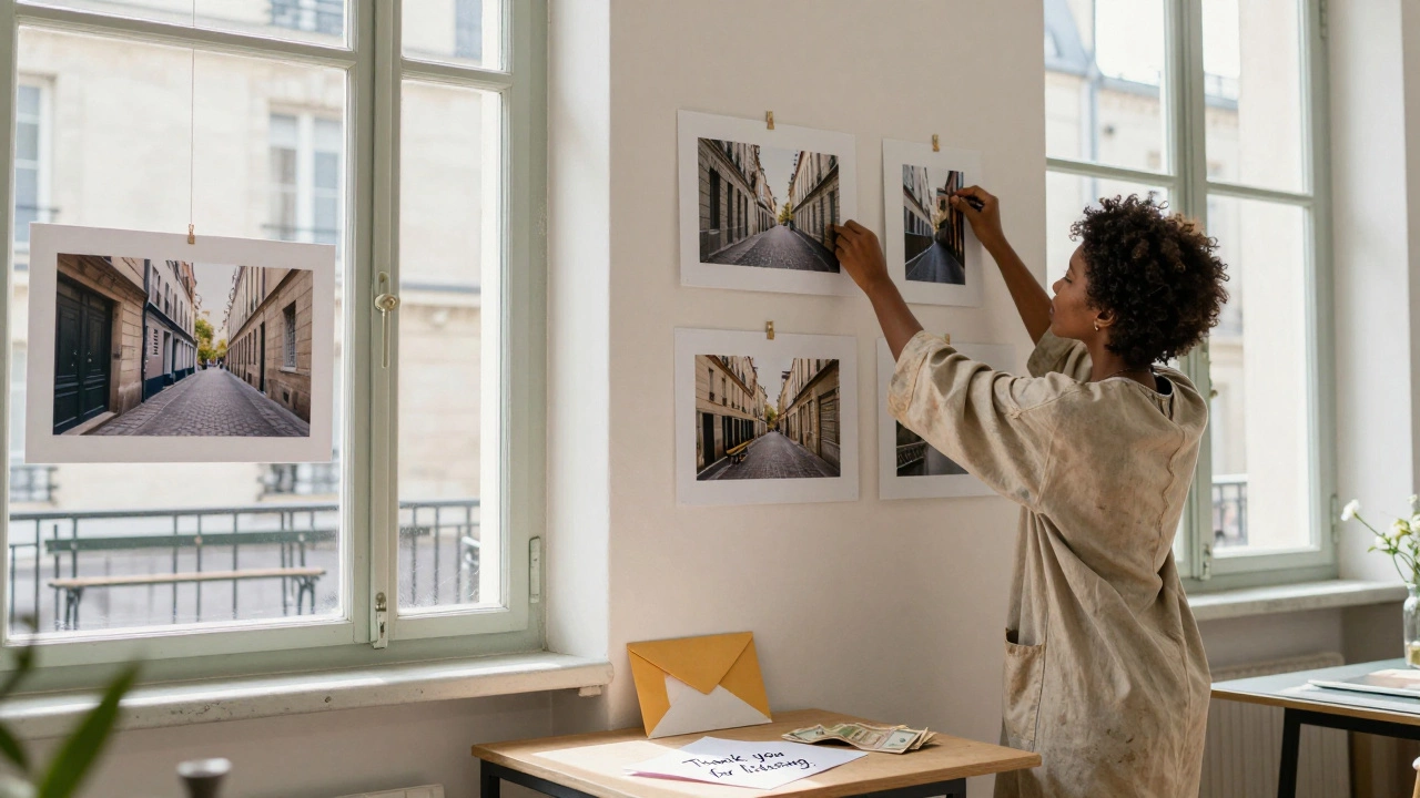 An artist hanging her photography exhibit in a sunlit Paris studio.