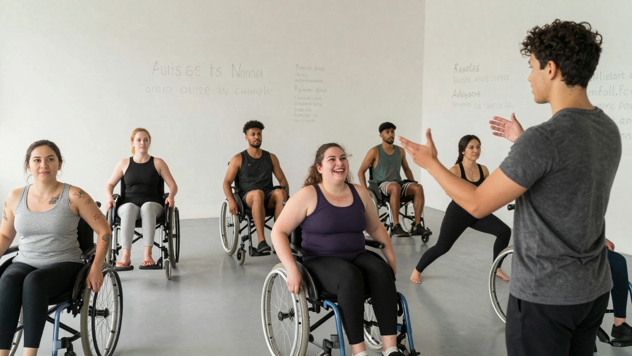 An inclusive pole class with participants of varied bodies, abilities, and identities moving together in quiet empowerment.