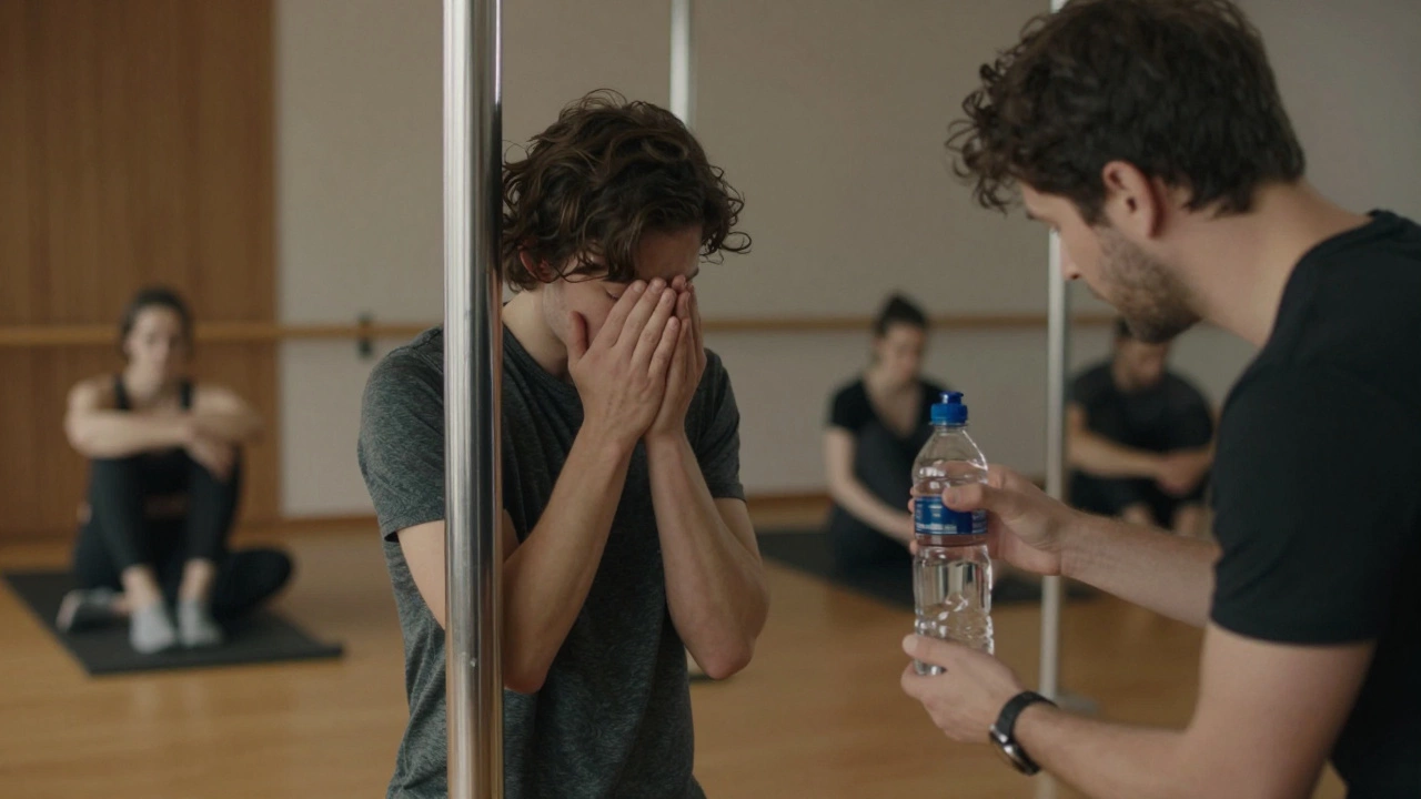 Someone pausing at the pole while another quietly offers water, no words needed, atmosphere calm and safe.